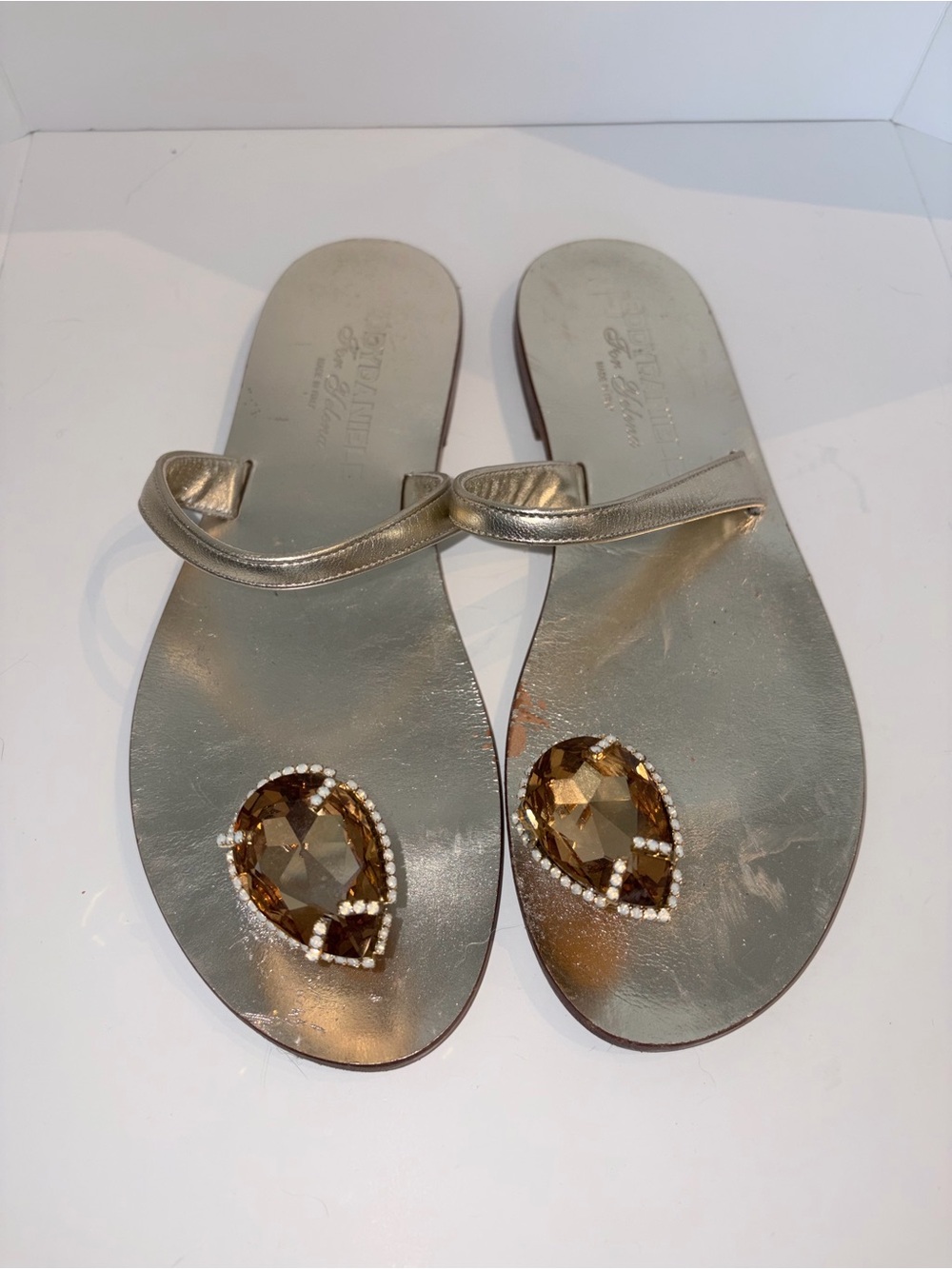 Gold Jeweled Slide Sandals for Women - Metallic Gem Accent